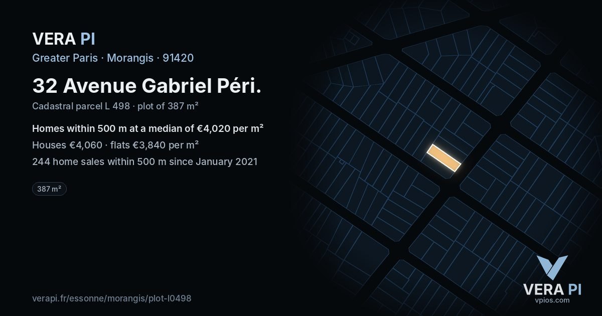 32 Avenue Gabriel Péri, Morangis at night – the plot lit, the parcels around coloured by the prices near them