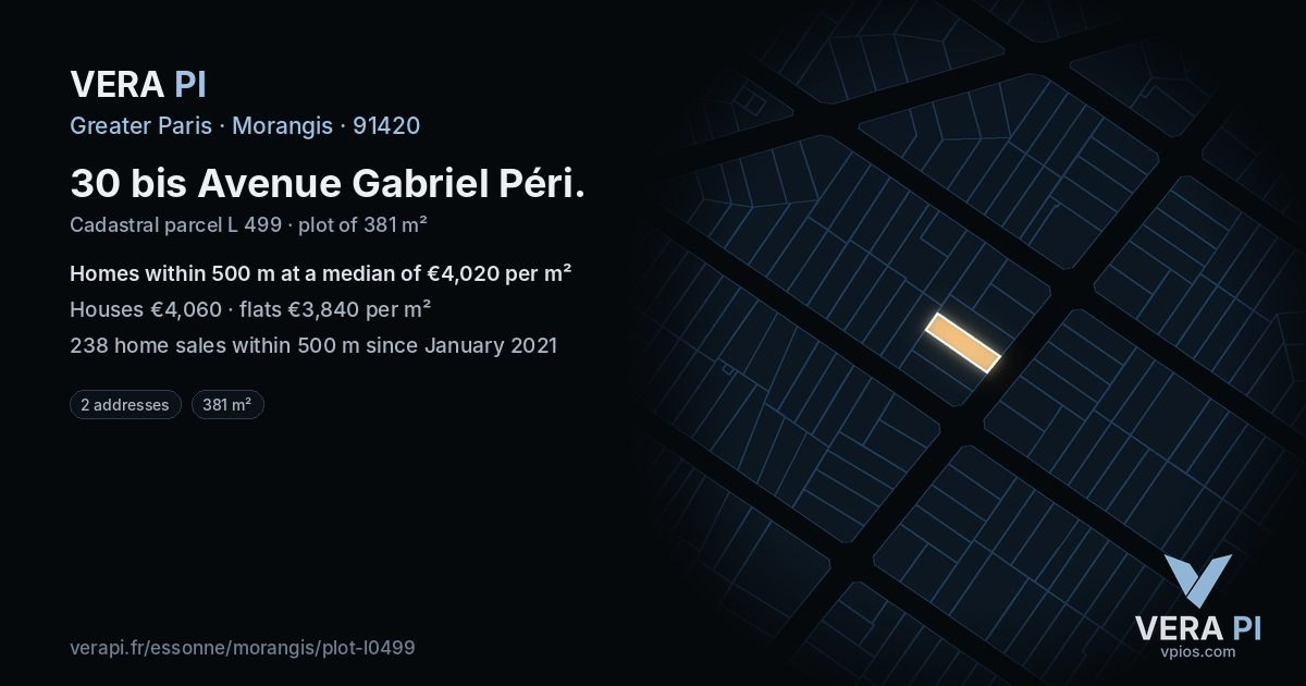 30 bis Avenue Gabriel Péri, Morangis at night – the plot lit, the parcels around coloured by the prices near them