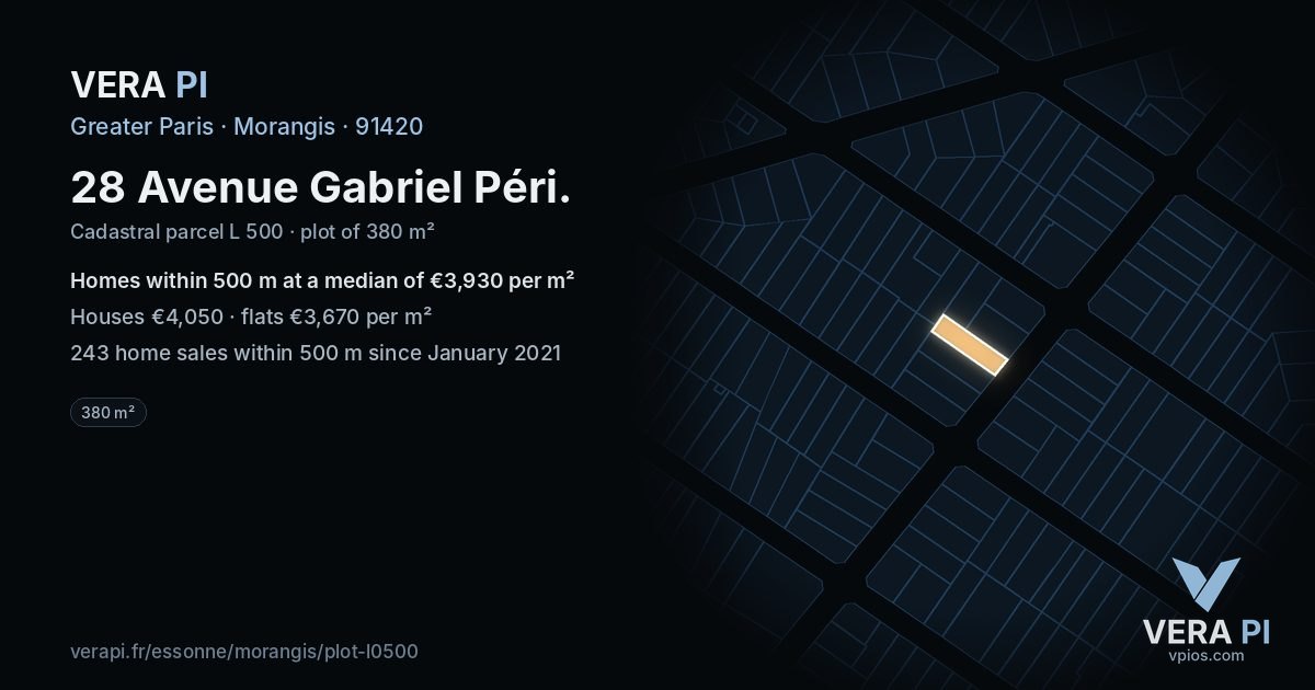 28 Avenue Gabriel Péri, Morangis at night – the plot lit, the parcels around coloured by the prices near them