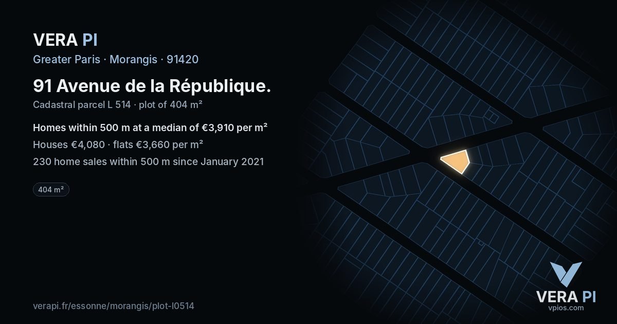91 Avenue de la République, Morangis at night – the plot lit, the parcels around coloured by the prices near them