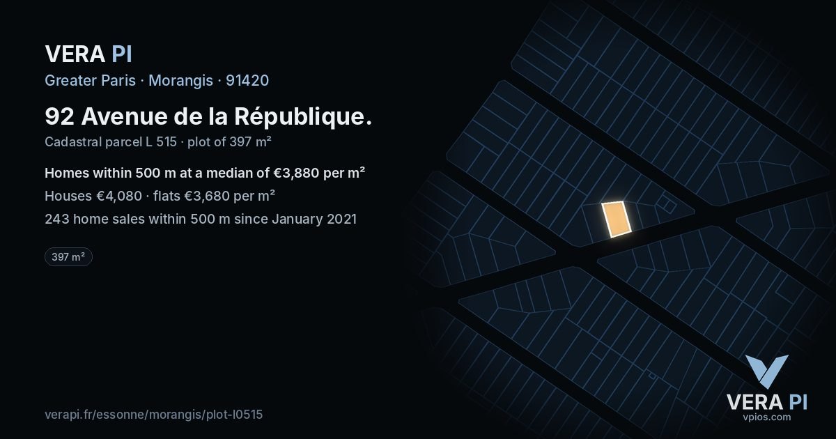 92 Avenue de la République, Morangis at night – the plot lit, the parcels around coloured by the prices near them