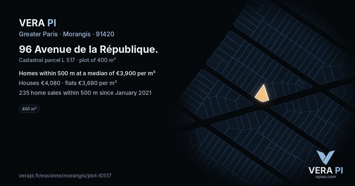 96 Avenue de la République, Morangis at night – the plot lit, the parcels around coloured by the prices near them