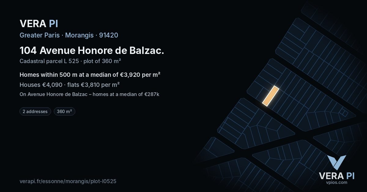104 Avenue Honore de Balzac, Morangis at night – the plot lit, the parcels around coloured by the prices near them