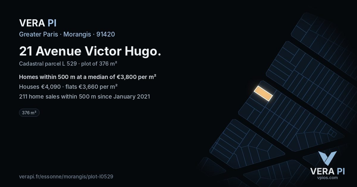 21 Avenue Victor Hugo, Morangis at night – the plot lit, the parcels around coloured by the prices near them