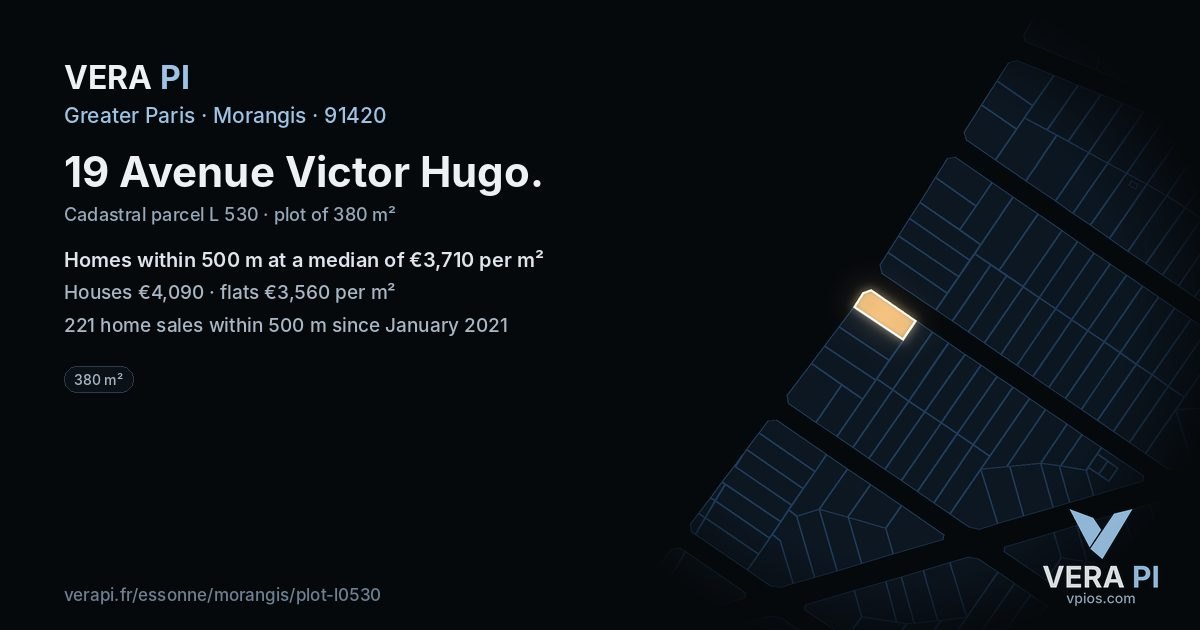 19 Avenue Victor Hugo, Morangis at night – the plot lit, the parcels around coloured by the prices near them