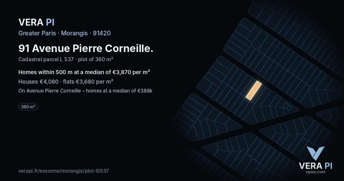91 Avenue Pierre Corneille, Morangis at night – the plot lit, the parcels around coloured by the prices near them