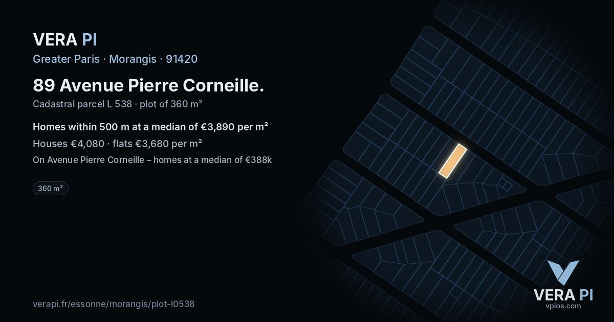 89 Avenue Pierre Corneille, Morangis at night – the plot lit, the parcels around coloured by the prices near them