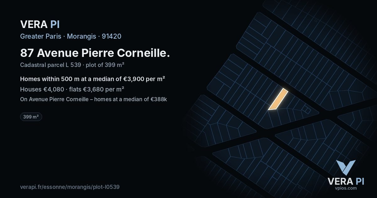 87 Avenue Pierre Corneille, Morangis at night – the plot lit, the parcels around coloured by the prices near them