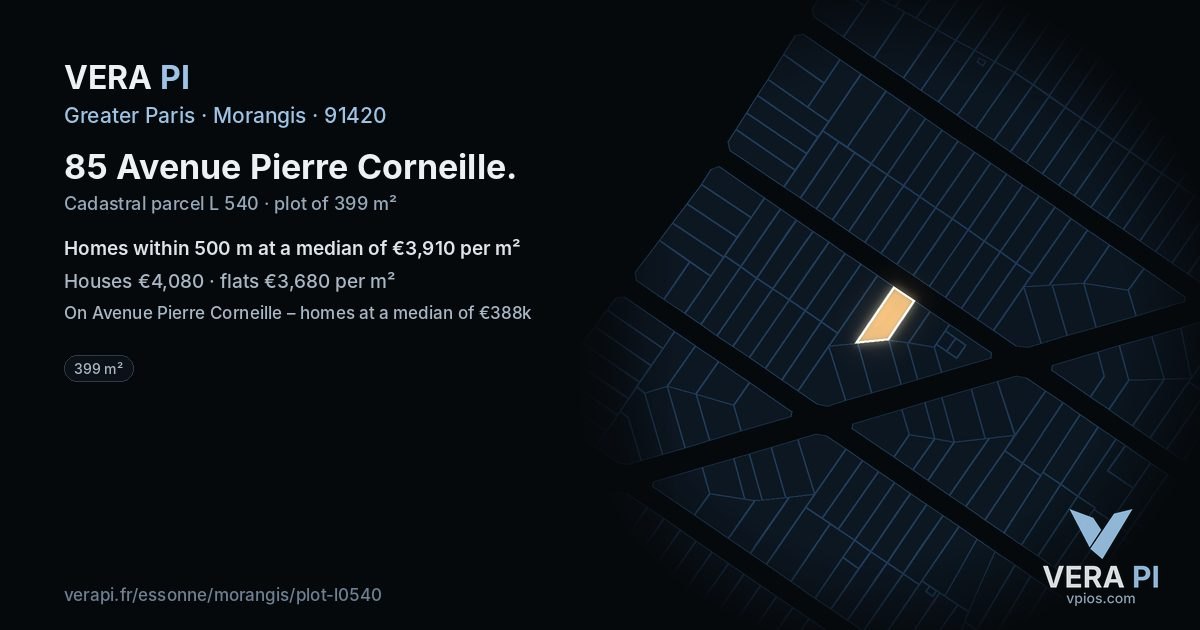 85 Avenue Pierre Corneille, Morangis at night – the plot lit, the parcels around coloured by the prices near them