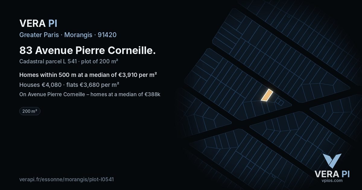 83 Avenue Pierre Corneille, Morangis at night – the plot lit, the parcels around coloured by the prices near them