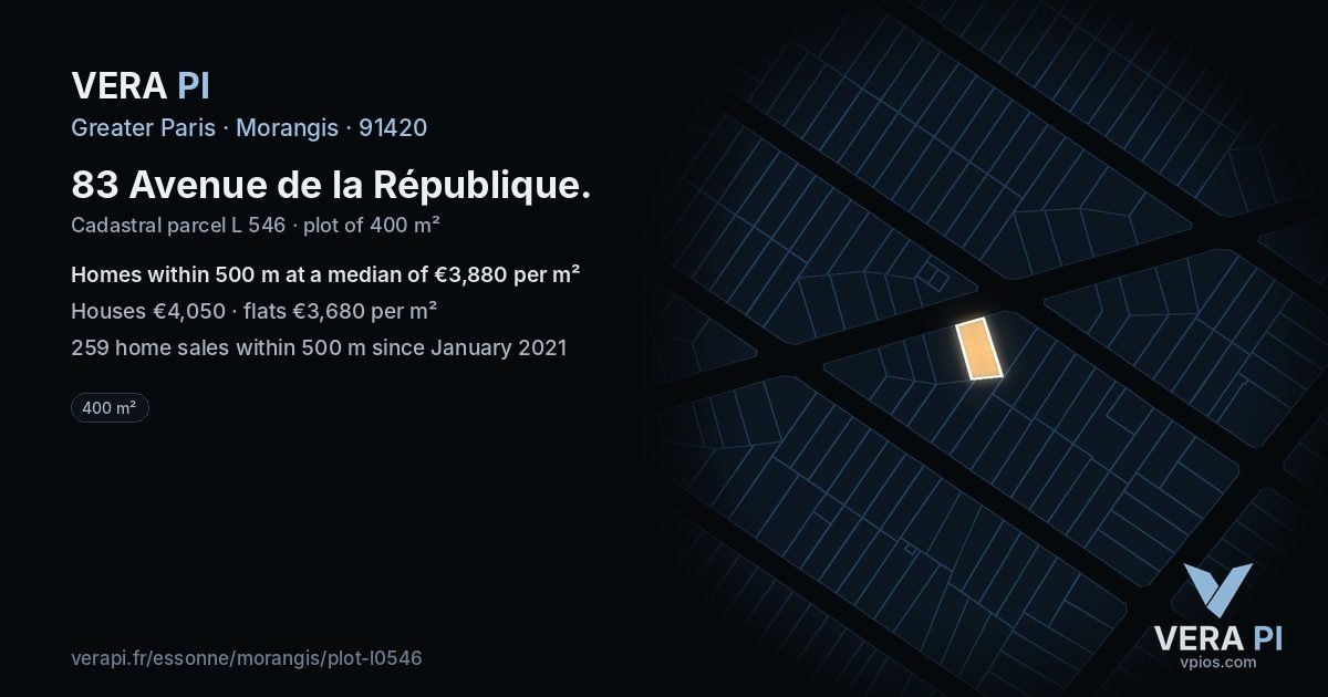 83 Avenue de la République, Morangis at night – the plot lit, the parcels around coloured by the prices near them