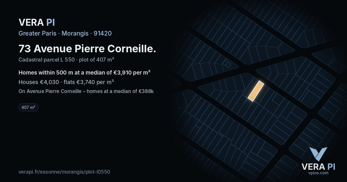 73 Avenue Pierre Corneille, Morangis at night – the plot lit, the parcels around coloured by the prices near them