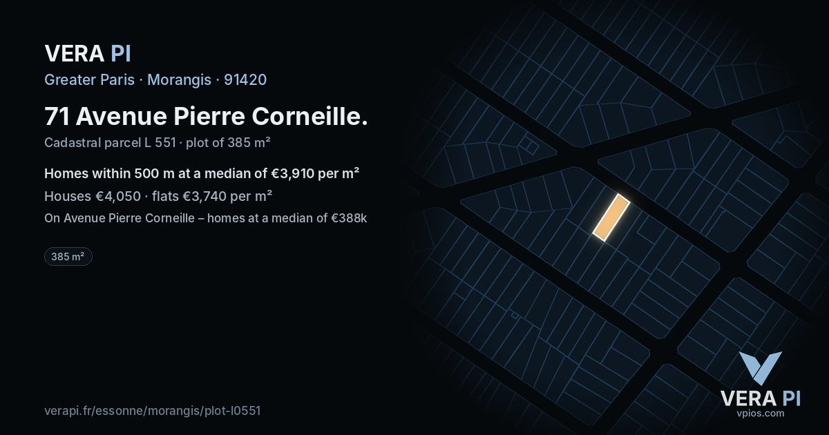 71 Avenue Pierre Corneille, Morangis at night – the plot lit, the parcels around coloured by the prices near them