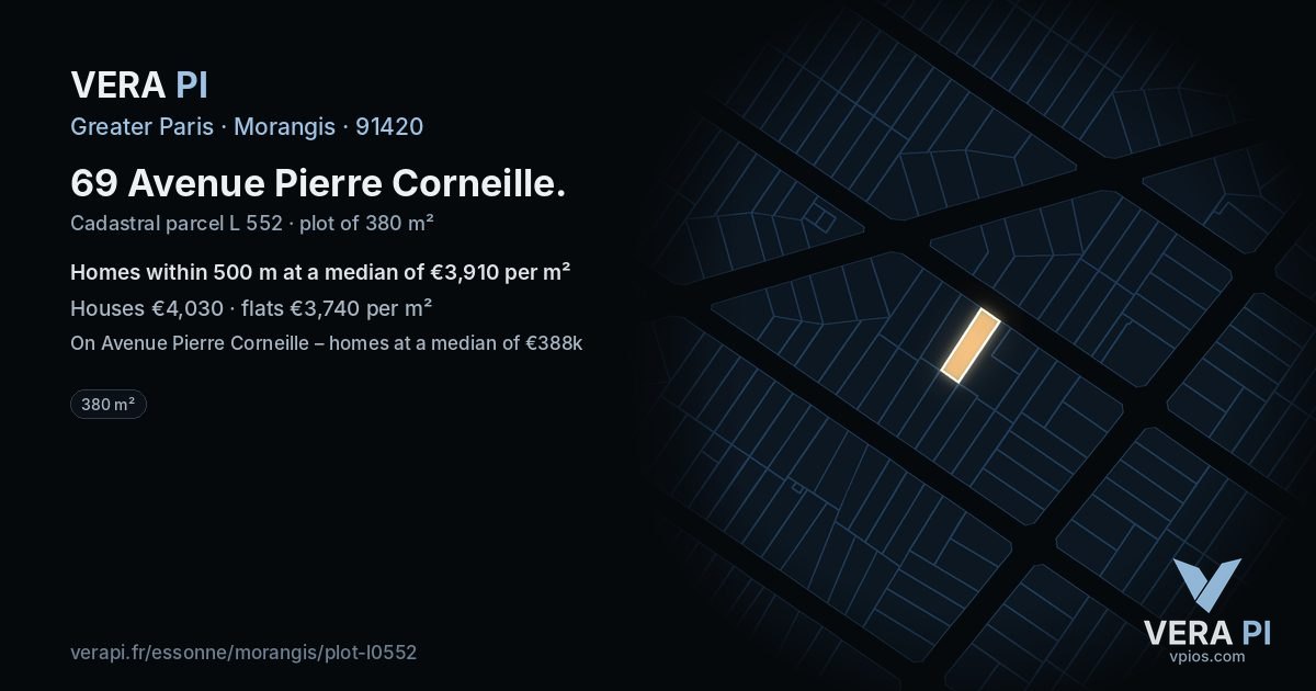 69 Avenue Pierre Corneille, Morangis at night – the plot lit, the parcels around coloured by the prices near them