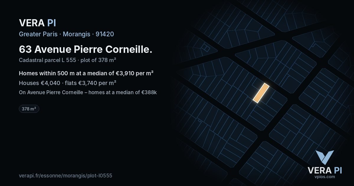 63 Avenue Pierre Corneille, Morangis at night – the plot lit, the parcels around coloured by the prices near them