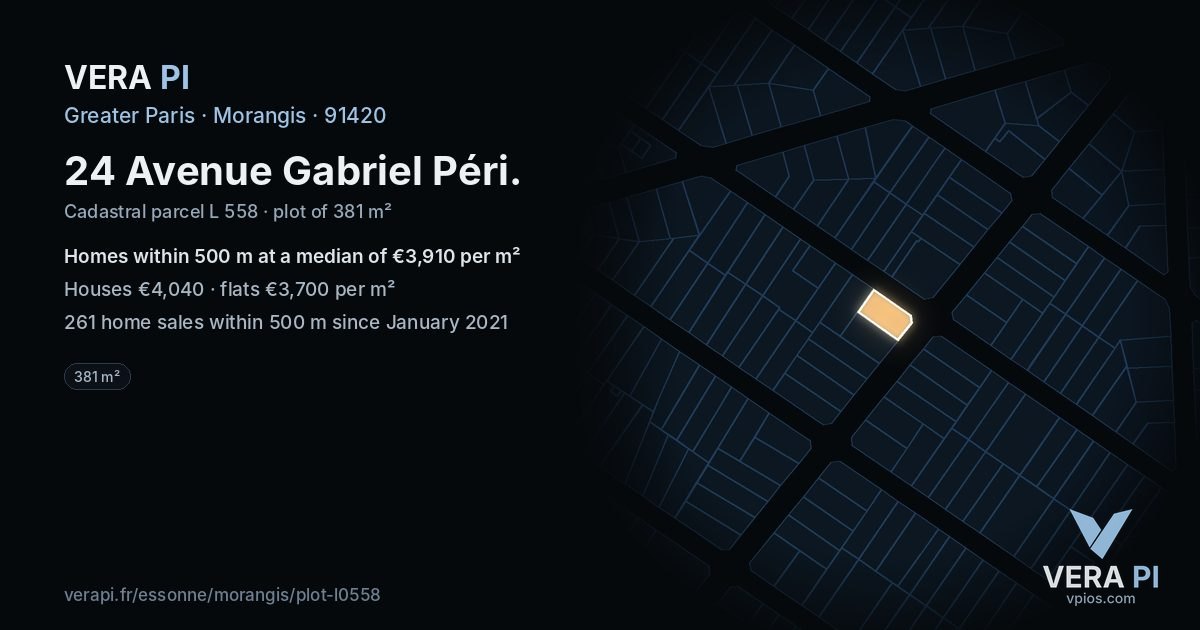 24 Avenue Gabriel Péri, Morangis at night – the plot lit, the parcels around coloured by the prices near them