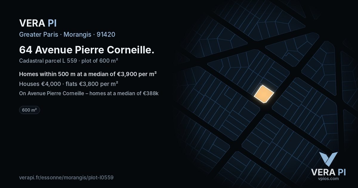 64 Avenue Pierre Corneille, Morangis at night – the plot lit, the parcels around coloured by the prices near them