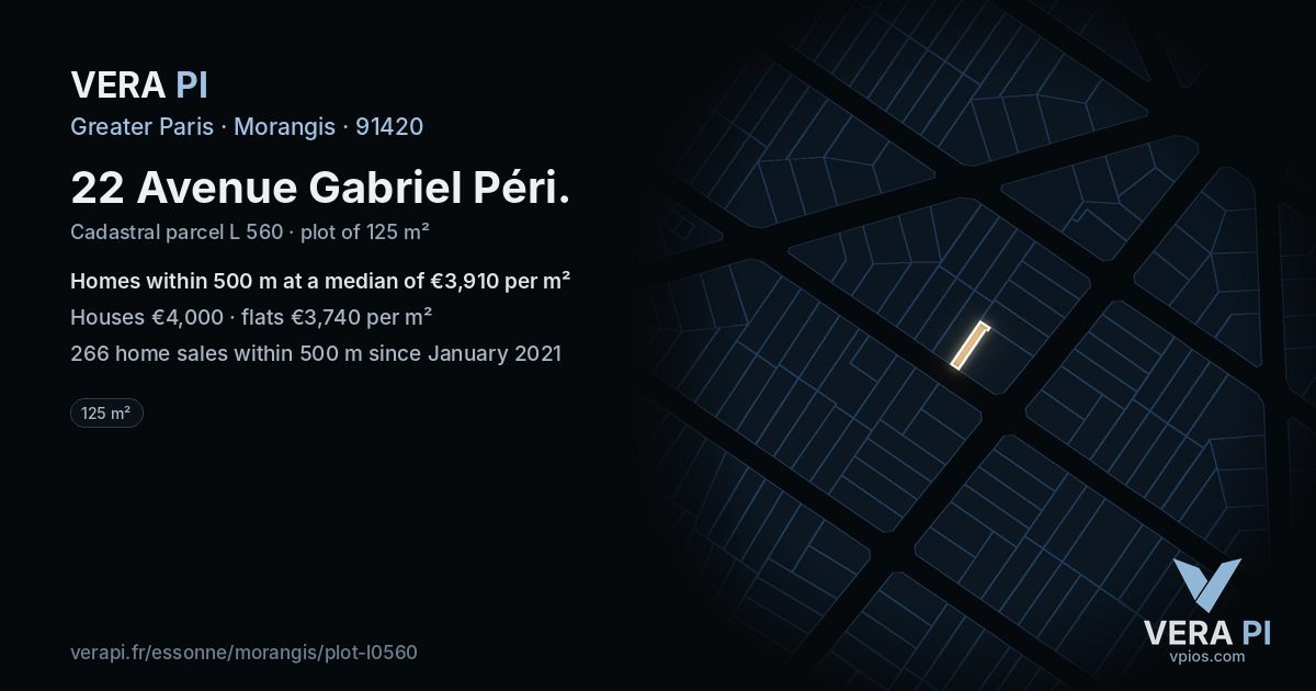 22 Avenue Gabriel Péri, Morangis at night – the plot lit, the parcels around coloured by the prices near them