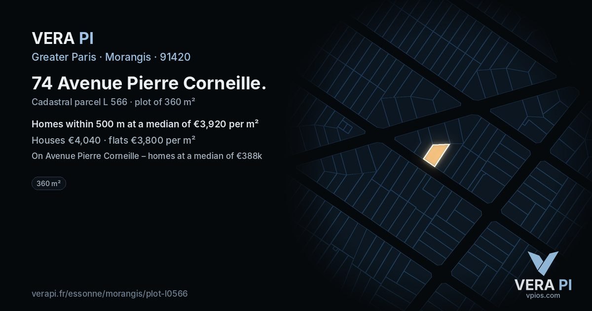 74 Avenue Pierre Corneille, Morangis at night – the plot lit, the parcels around coloured by the prices near them