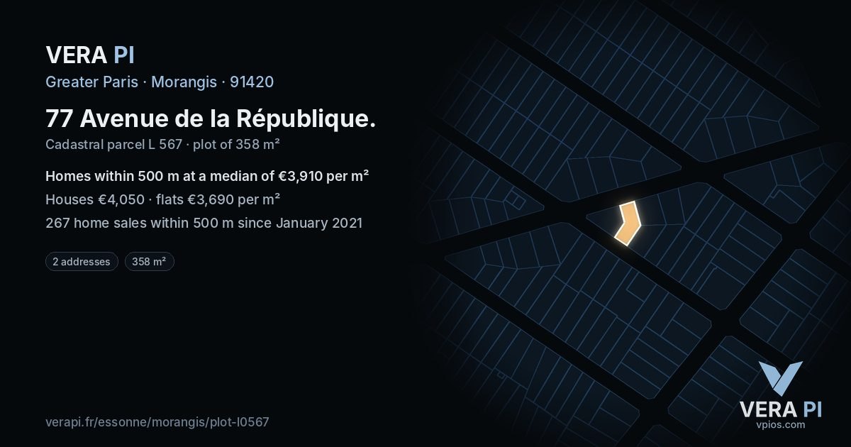 77 Avenue de la République, Morangis at night – the plot lit, the parcels around coloured by the prices near them