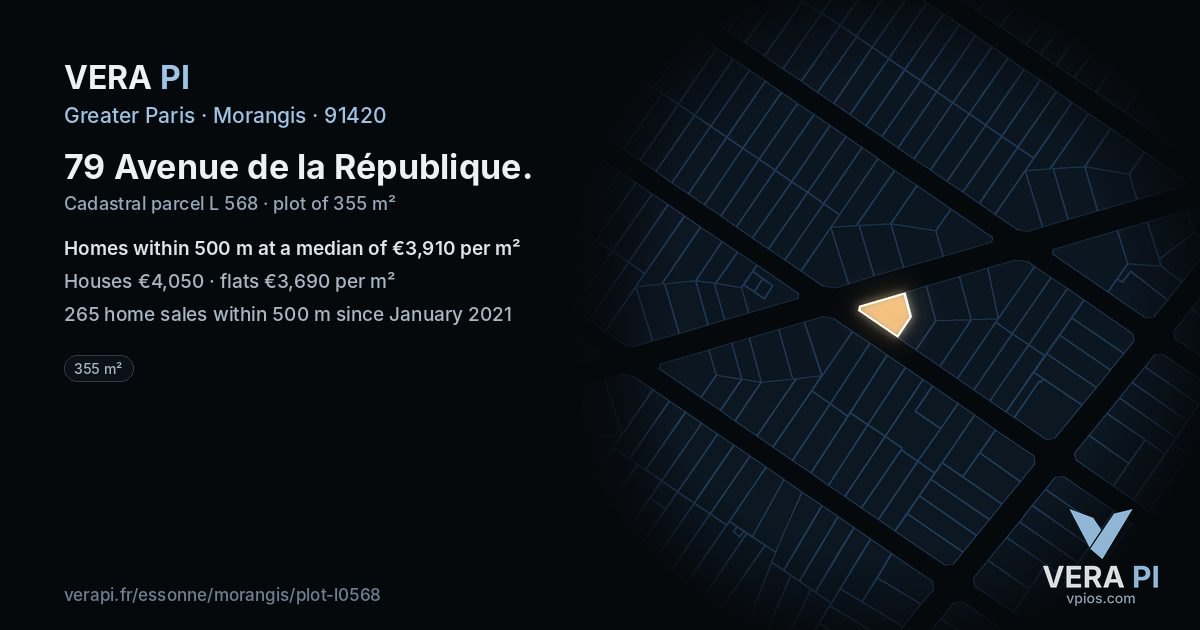 79 Avenue de la République, Morangis at night – the plot lit, the parcels around coloured by the prices near them