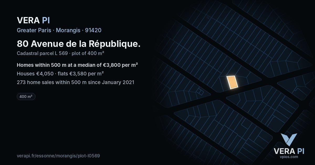 80 Avenue de la République, Morangis at night – the plot lit, the parcels around coloured by the prices near them