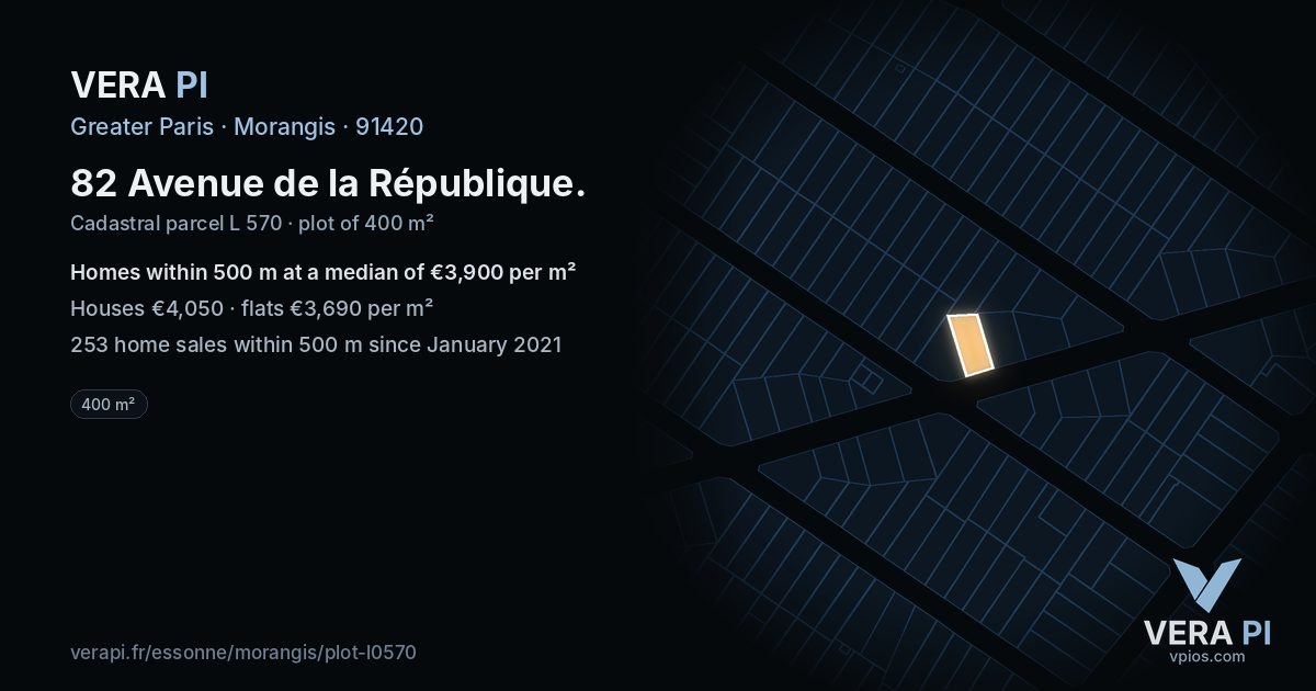 82 Avenue de la République, Morangis at night – the plot lit, the parcels around coloured by the prices near them