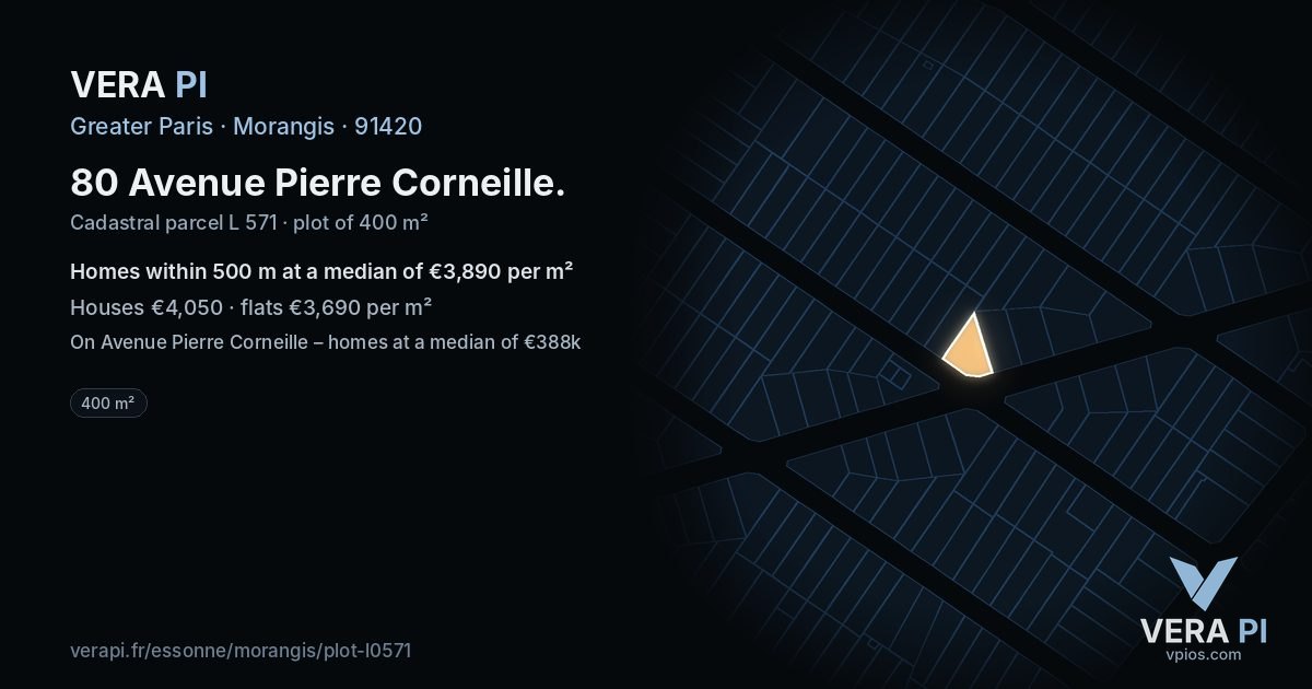80 Avenue Pierre Corneille, Morangis at night – the plot lit, the parcels around coloured by the prices near them