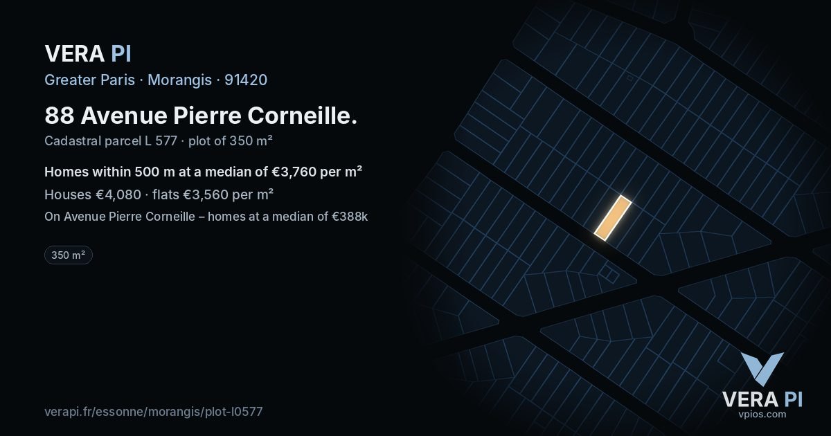 88 Avenue Pierre Corneille, Morangis at night – the plot lit, the parcels around coloured by the prices near them