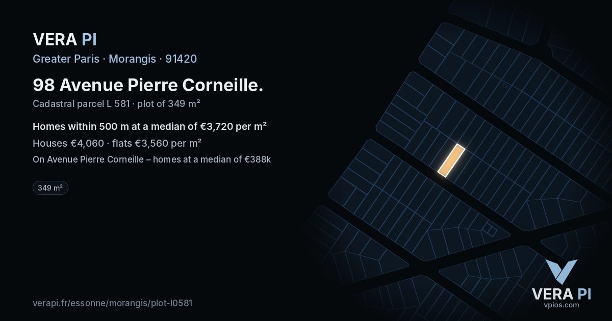 98 Avenue Pierre Corneille, Morangis at night – the plot lit, the parcels around coloured by the prices near them