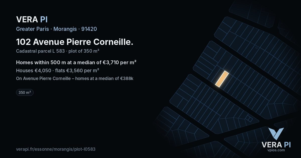 102 Avenue Pierre Corneille, Morangis at night – the plot lit, the parcels around coloured by the prices near them