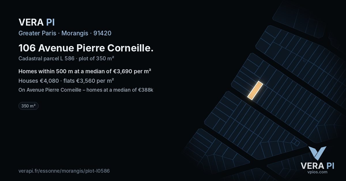 106 Avenue Pierre Corneille, Morangis at night – the plot lit, the parcels around coloured by the prices near them