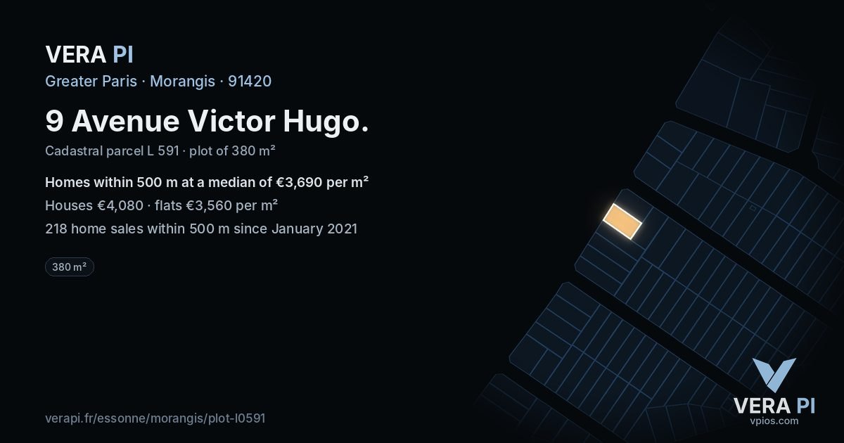9 Avenue Victor Hugo, Morangis at night – the plot lit, the parcels around coloured by the prices near them