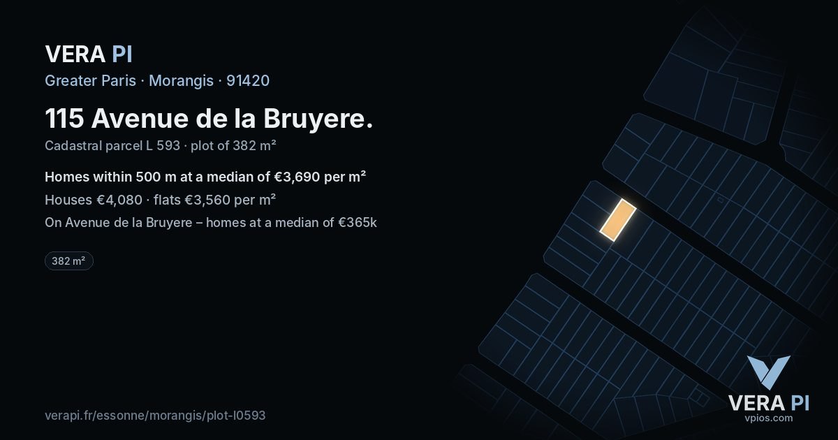 115 Avenue de la Bruyere, Morangis at night – the plot lit, the parcels around coloured by the prices near them