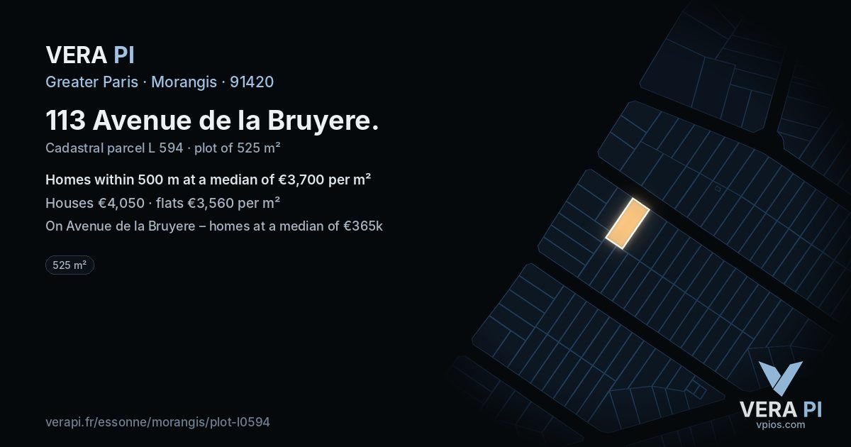 113 Avenue de la Bruyere, Morangis at night – the plot lit, the parcels around coloured by the prices near them