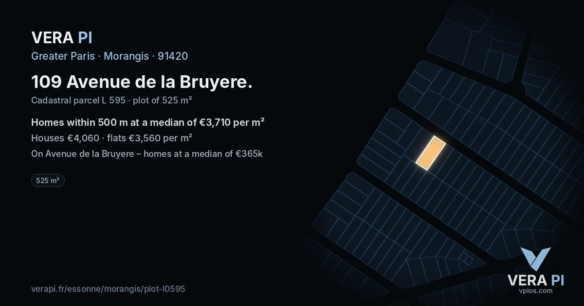 109 Avenue de la Bruyere, Morangis at night – the plot lit, the parcels around coloured by the prices near them