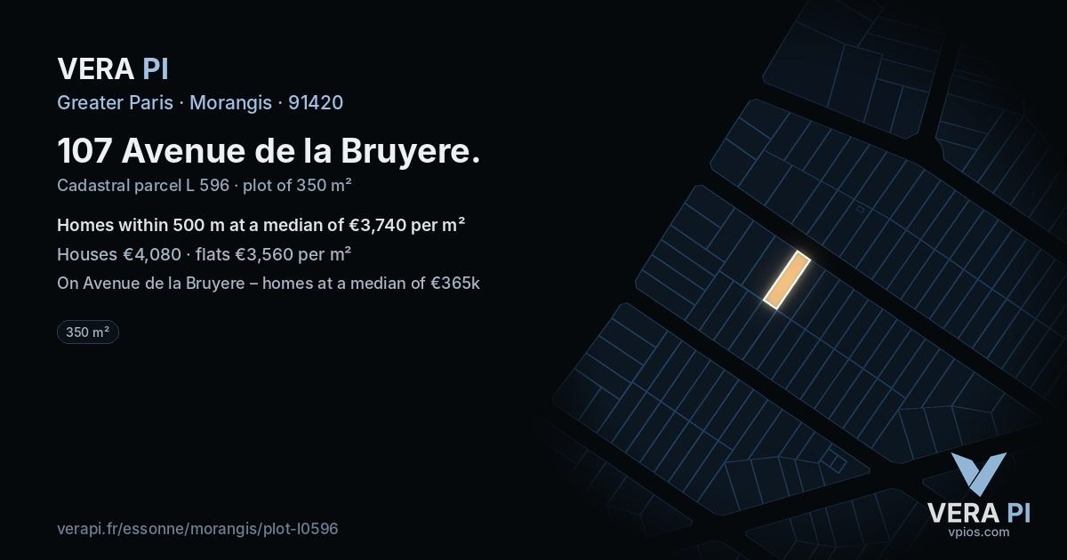107 Avenue de la Bruyere, Morangis at night – the plot lit, the parcels around coloured by the prices near them