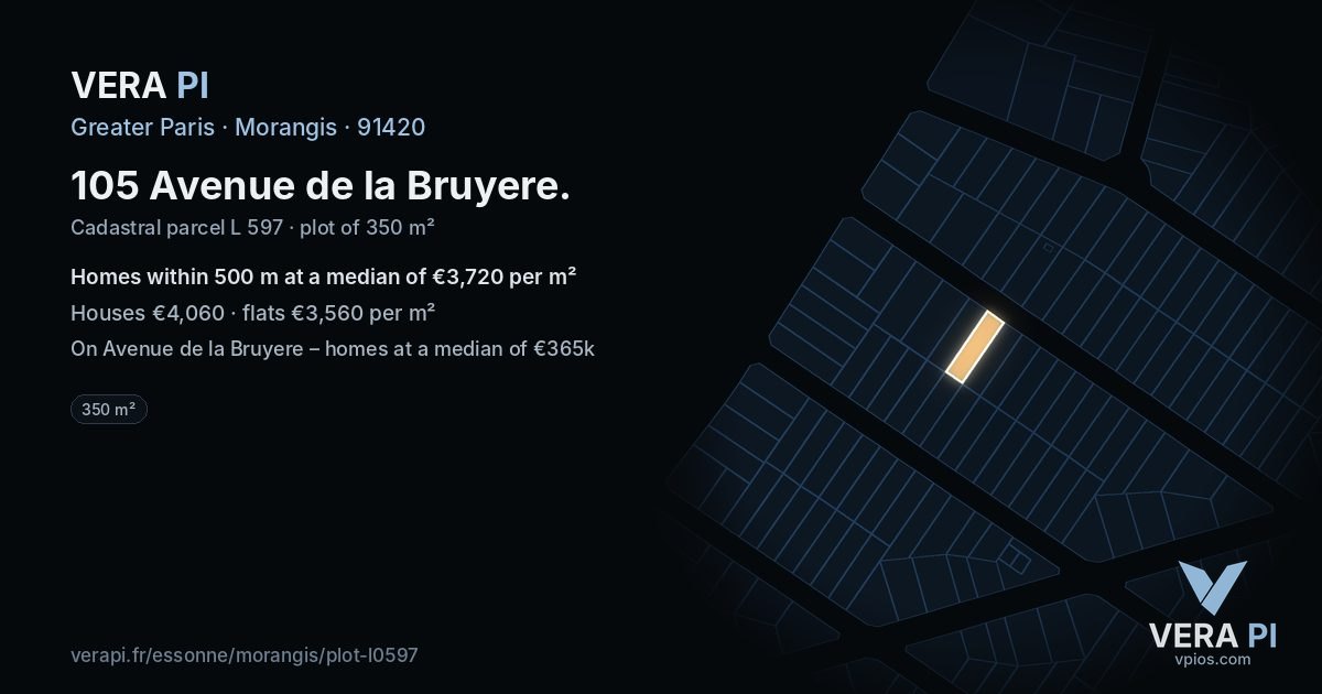 105 Avenue de la Bruyere, Morangis at night – the plot lit, the parcels around coloured by the prices near them