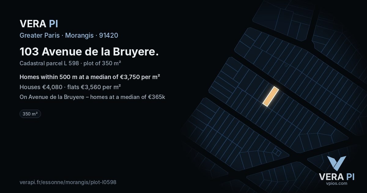 103 Avenue de la Bruyere, Morangis at night – the plot lit, the parcels around coloured by the prices near them