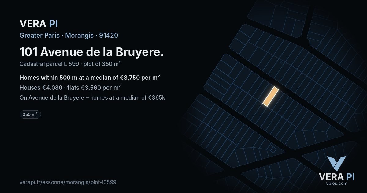 101 Avenue de la Bruyere, Morangis at night – the plot lit, the parcels around coloured by the prices near them