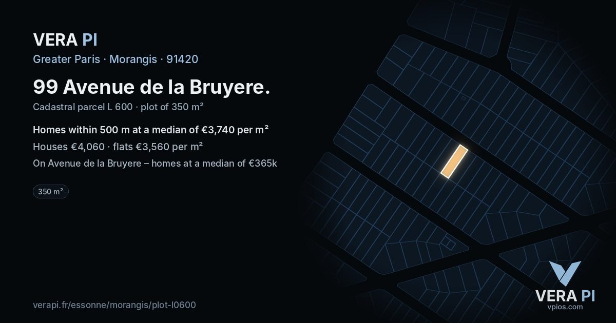 99 Avenue de la Bruyere, Morangis at night – the plot lit, the parcels around coloured by the prices near them