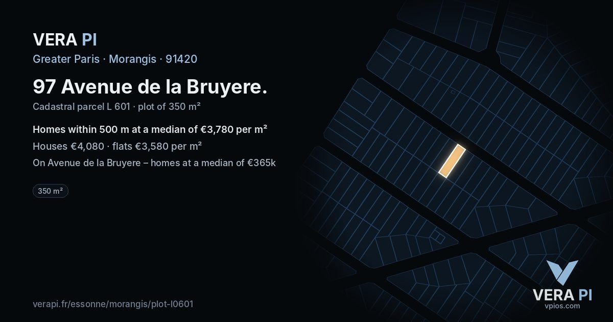 97 Avenue de la Bruyere, Morangis at night – the plot lit, the parcels around coloured by the prices near them