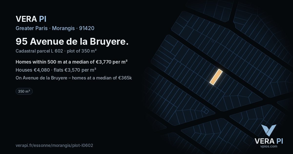 95 Avenue de la Bruyere, Morangis at night – the plot lit, the parcels around coloured by the prices near them