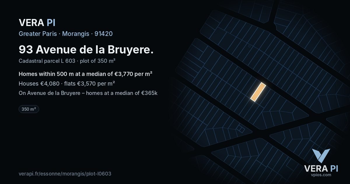 93 Avenue de la Bruyere, Morangis at night – the plot lit, the parcels around coloured by the prices near them
