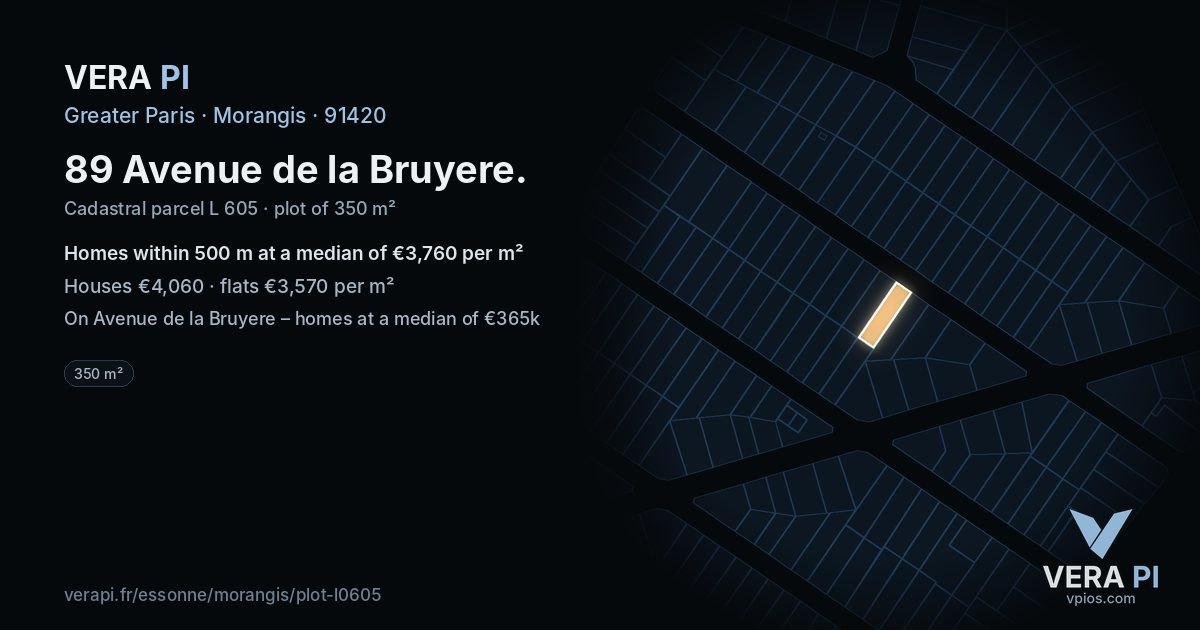 89 Avenue de la Bruyere, Morangis at night – the plot lit, the parcels around coloured by the prices near them