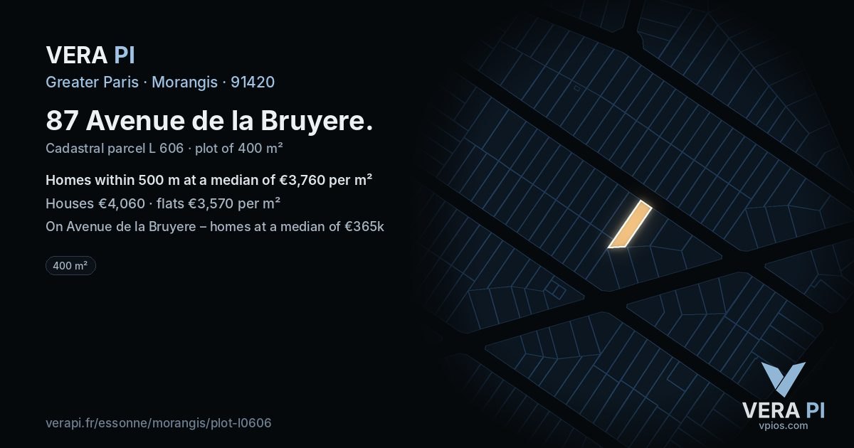87 Avenue de la Bruyere, Morangis at night – the plot lit, the parcels around coloured by the prices near them