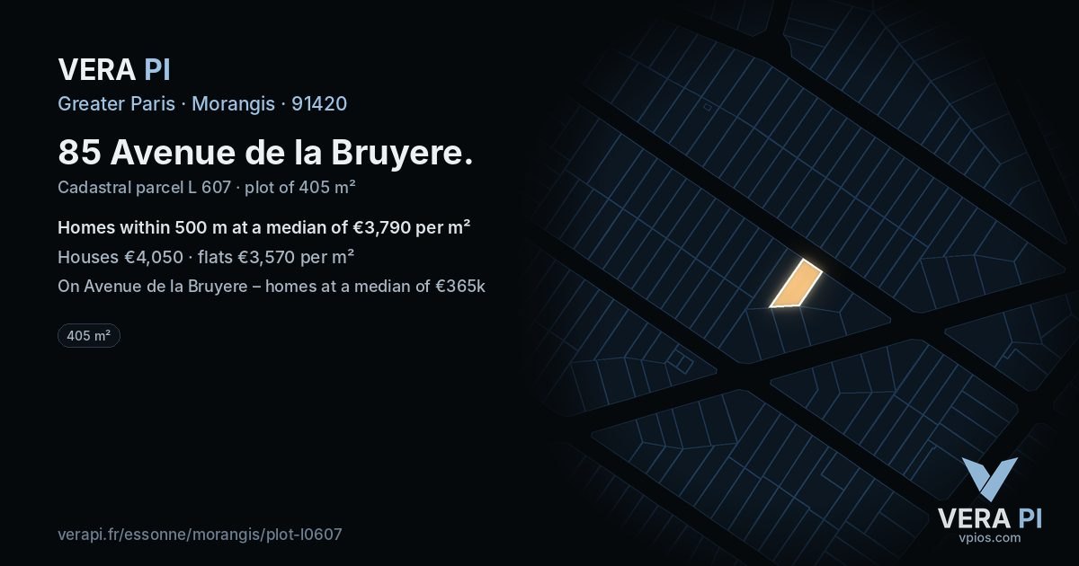85 Avenue de la Bruyere, Morangis at night – the plot lit, the parcels around coloured by the prices near them