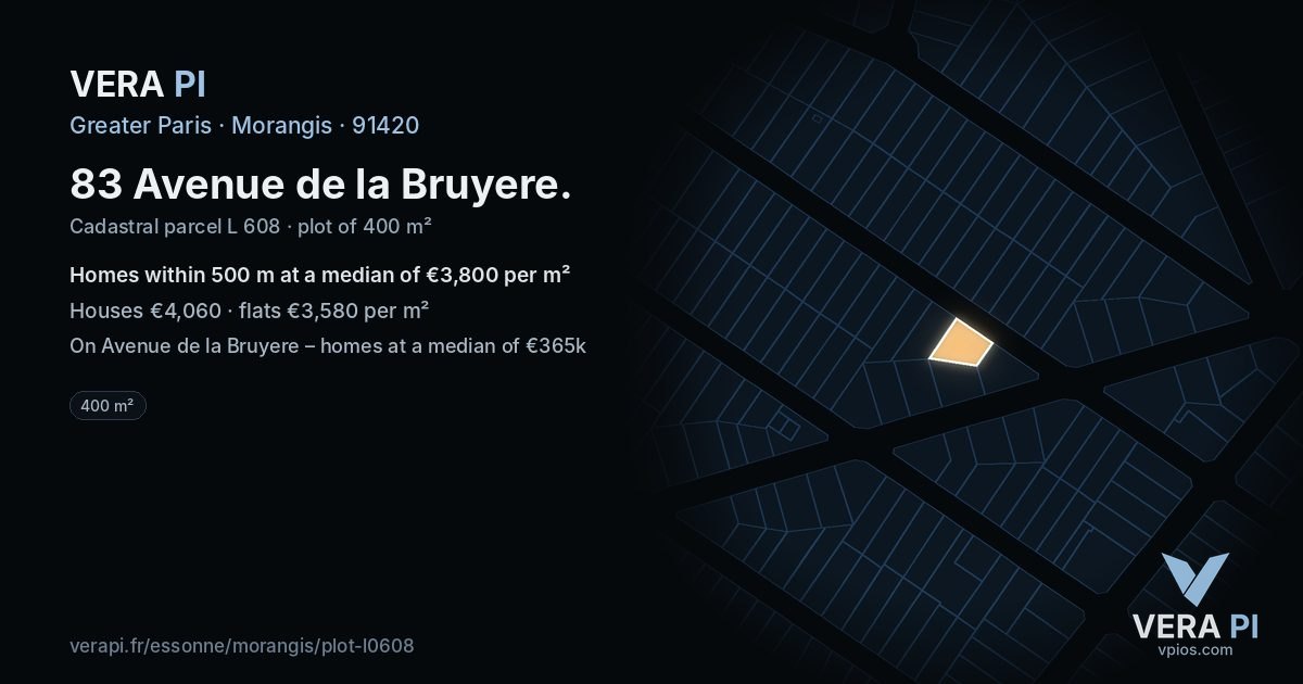 83 Avenue de la Bruyere, Morangis at night – the plot lit, the parcels around coloured by the prices near them