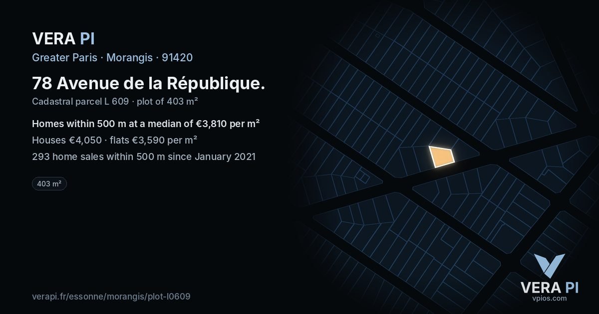 78 Avenue de la République, Morangis at night – the plot lit, the parcels around coloured by the prices near them