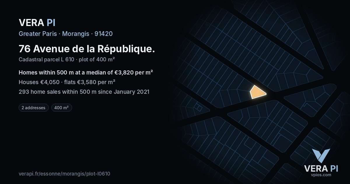 76 Avenue de la République, Morangis at night – the plot lit, the parcels around coloured by the prices near them